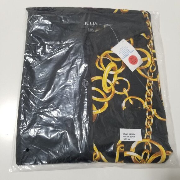 NWT JULIA by LOVE J Two Tone Chain Print Button Front Shirt Color Black Size 3XL - Picture 3 of 6